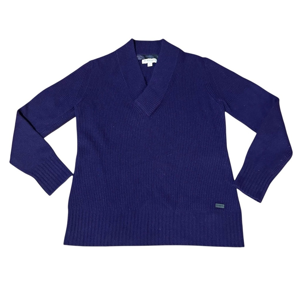 Burberry London Purple V-Neck Sweater Classic Knit 100% Cashmere
